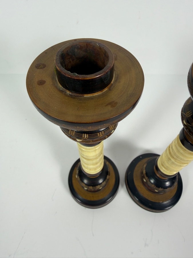 Just Added - Vintage Indonesian Turned Wood and Bone Candlesticks 9'H [Photo 5]