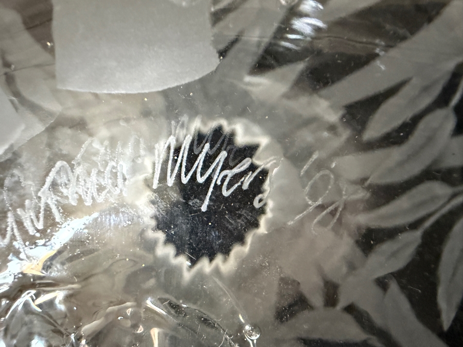 Just Added - Stunning Cynthia Myers Etched Art Glass Bowl with Bamboo Motif Signed 1998 11W X 11H [Photo 8]