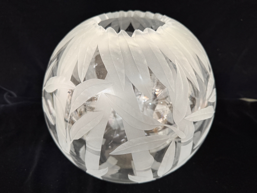 Just Added - Stunning Cynthia Myers Etched Art Glass Bowl with Bamboo Motif Signed 1998 11W X 11H [Photo 2]