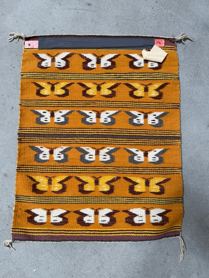 Just Added - Vintage Navajo Tsaile Region of Arizona Hand-woven Wool Weaving Featuring a Repeating Butterfly Motif 24 X 31 [Photo 3]