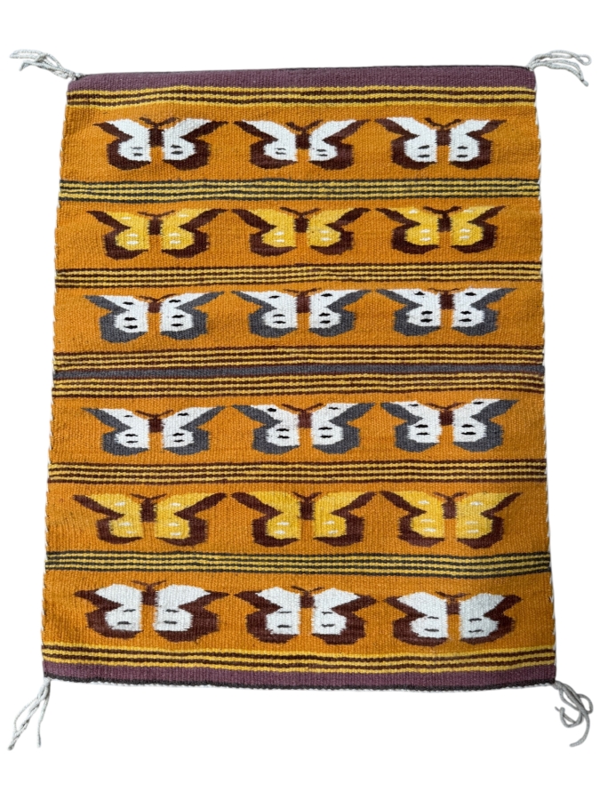 Just Added - Vintage Navajo Tsaile Region of Arizona Hand-woven Wool Weaving Featuring a Repeating Butterfly Motif 24 X 31