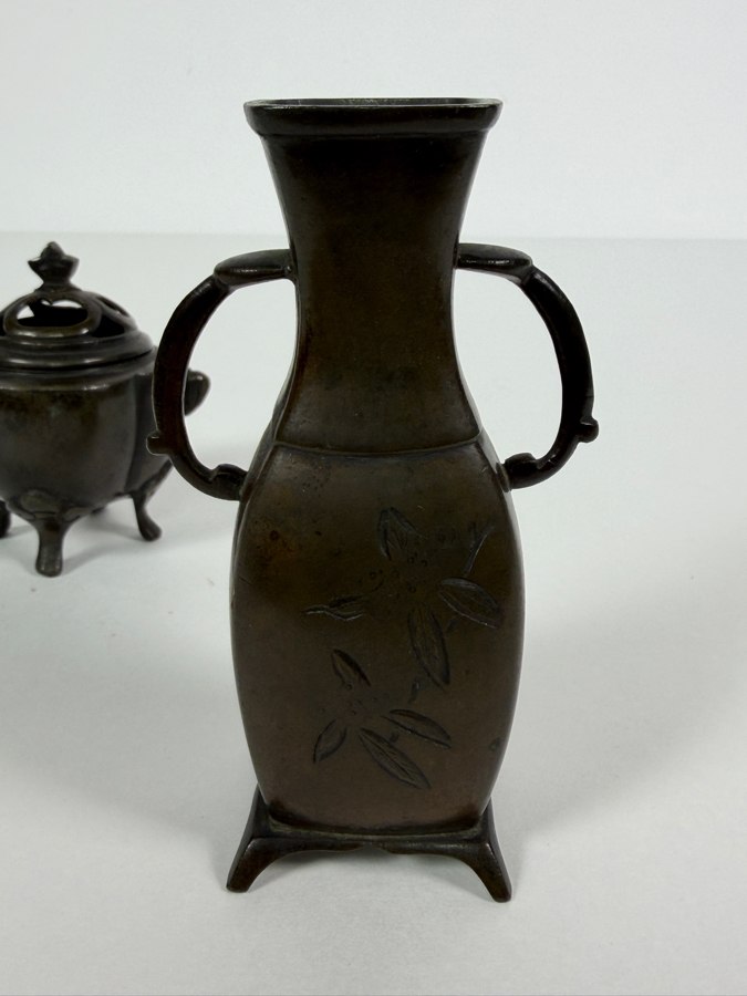 Just Added - Antique Japanese Four Footed Censer Incense Burner 3'H and Antique Signed Japanese Vase with Two Stylized Handles 4.25'H [Photo 3]