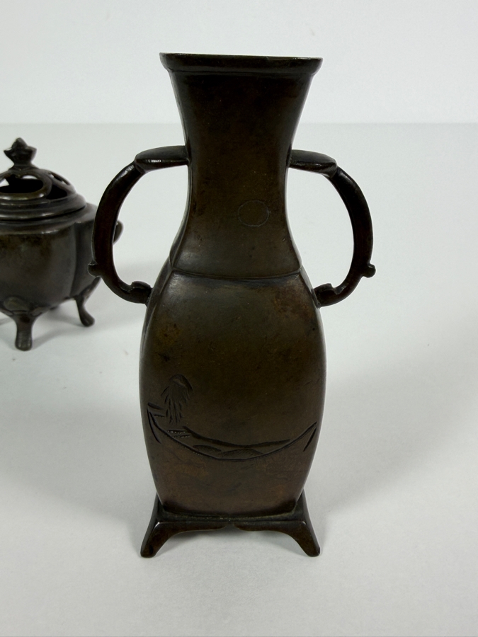 Just Added - Antique Japanese Four Footed Censer Incense Burner 3'H and Antique Signed Japanese Vase with Two Stylized Handles 4.25'H [Photo 4]