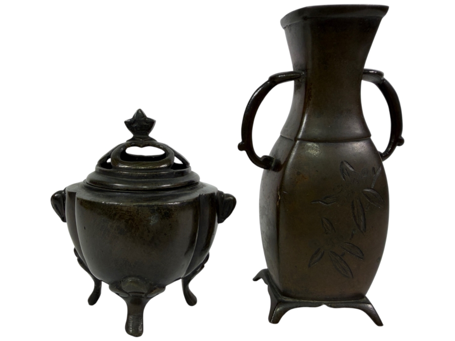 Just Added - Antique Japanese Four Footed Censer Incense Burner 3'H and Antique Signed Japanese Vase with Two Stylized Handles 4.25'H