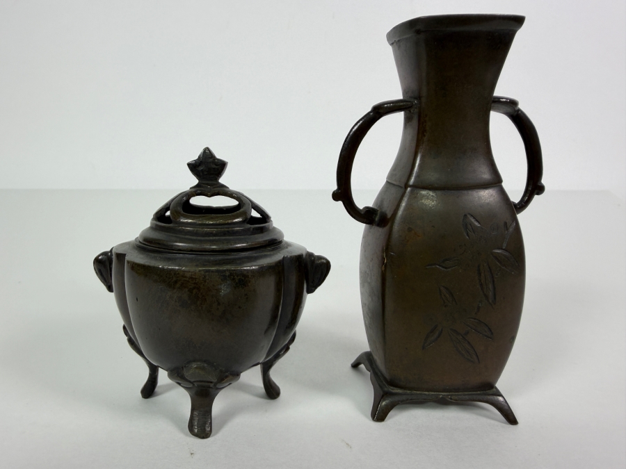 Just Added - Antique Japanese Four Footed Censer Incense Burner 3'H and Antique Signed Japanese Vase with Two Stylized Handles 4.25'H [Photo 2]