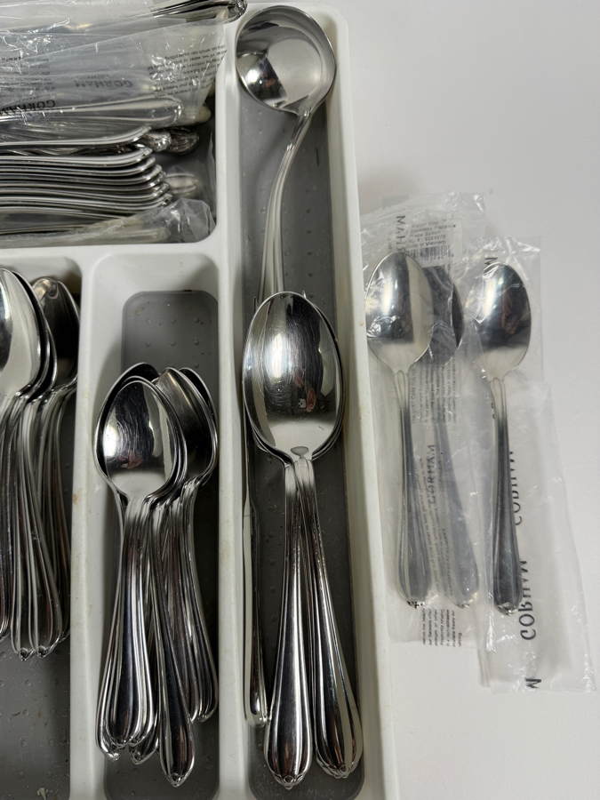 Just Added - Gorham Melon Bud 18/10 Stainless Steel Flatware Silverware Cutlery Set With Serrated Steak Knife Set Approximate Service for 8 [Photo 7]