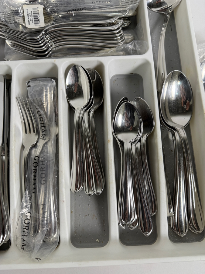 Just Added - Gorham Melon Bud 18/10 Stainless Steel Flatware Silverware Cutlery Set With Serrated Steak Knife Set Approximate Service for 8 [Photo 5]