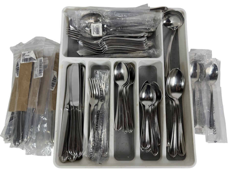 Just Added - Gorham Melon Bud 18/10 Stainless Steel Flatware Silverware Cutlery Set With Serrated Steak Knife Set Approximate Service for 8