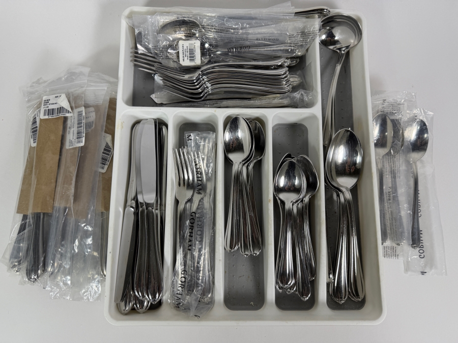 Just Added - Gorham Melon Bud 18/10 Stainless Steel Flatware Silverware Cutlery Set With Serrated Steak Knife Set Approximate Service for 8 [Photo 2]