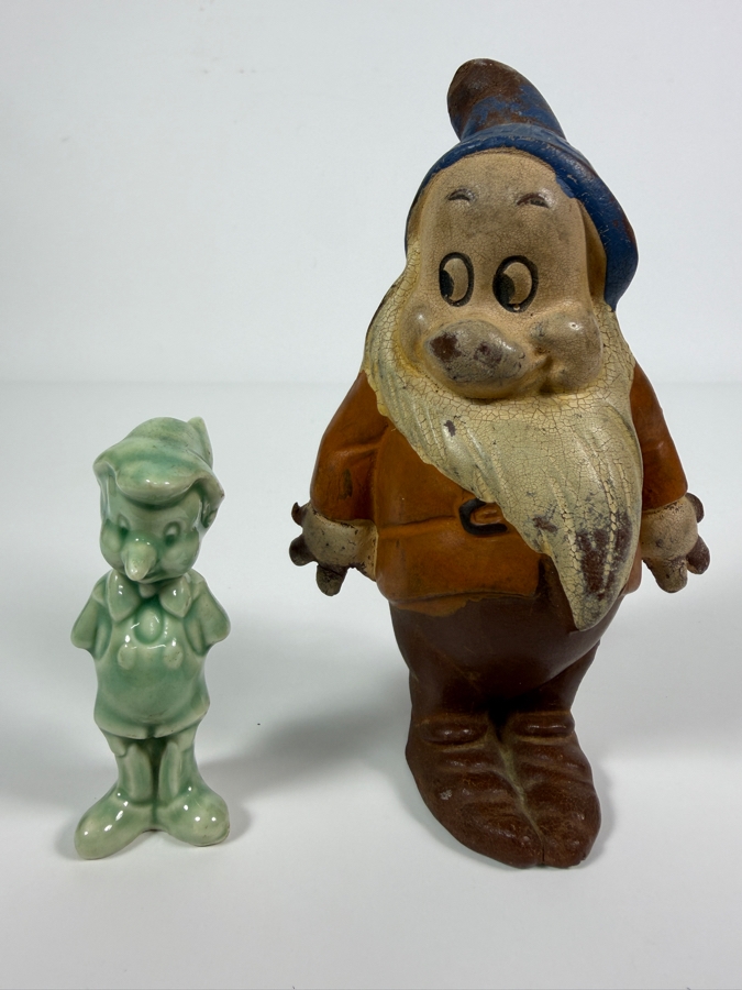 Just Added - Vintage 1930s Seiberling Latex Bashful Dwarf Rubber Figure And 1940s National Porcelain Celadon Green Pinocchio Figurine Bundle 3'H and 5'H [Photo 2]