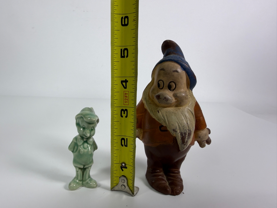 Just Added - Vintage 1930s Seiberling Latex Bashful Dwarf Rubber Figure And 1940s National Porcelain Celadon Green Pinocchio Figurine Bundle 3'H and 5'H [Photo 10]