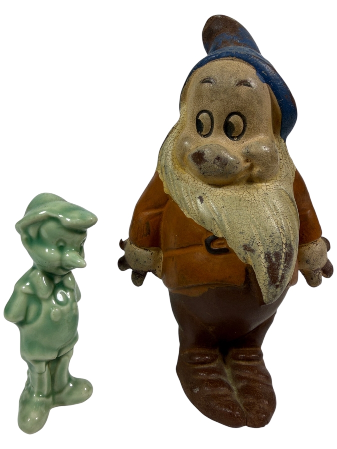 Just Added - Vintage 1930s Seiberling Latex Bashful Dwarf Rubber Figure And 1940s National Porcelain Celadon Green Pinocchio Figurine Bundle 3'H and 5'H