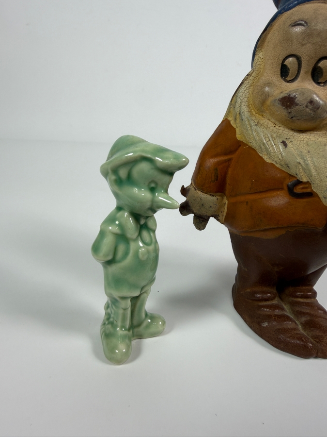 Just Added - Vintage 1930s Seiberling Latex Bashful Dwarf Rubber Figure And 1940s National Porcelain Celadon Green Pinocchio Figurine Bundle 3'H and 5'H [Photo 3]