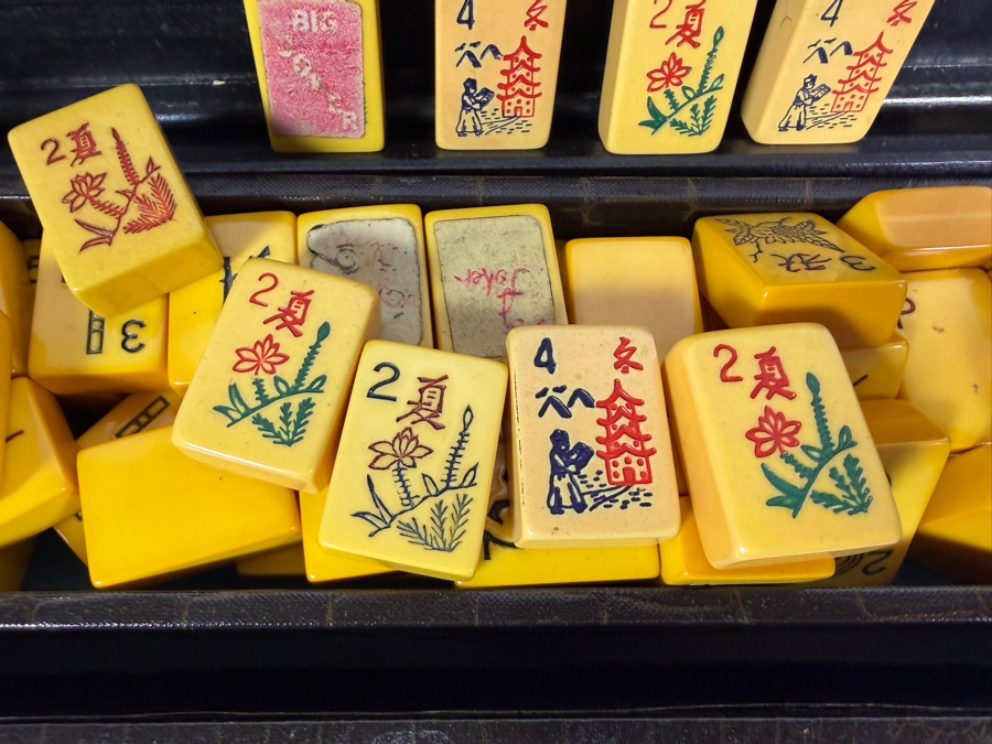 Just Added - Vintage Catalin Bakelite Mahjong Set In Faux Alligator Carrying Case With Trays Racks And Betting Tokens Full Set - Includes All Tiles [Photo 3]