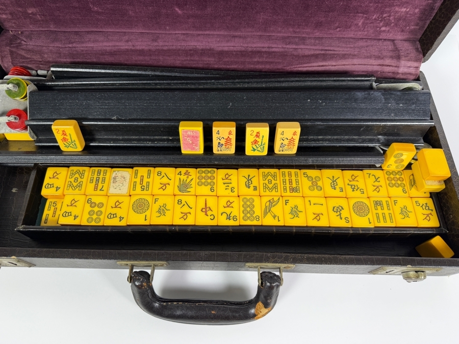 Just Added - Vintage Catalin Bakelite Mahjong Set In Faux Alligator Carrying Case With Trays Racks And Betting Tokens Full Set - Includes All Tiles [Photo 8]