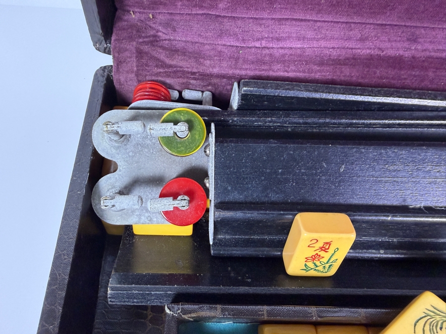 Just Added - Vintage Catalin Bakelite Mahjong Set In Faux Alligator Carrying Case With Trays Racks And Betting Tokens Full Set - Includes All Tiles [Photo 6]