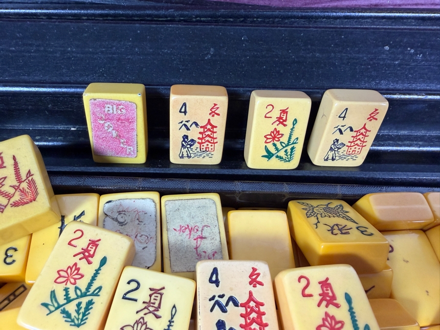 Just Added - Vintage Catalin Bakelite Mahjong Set In Faux Alligator Carrying Case With Trays Racks And Betting Tokens Full Set - Includes All Tiles [Photo 4]