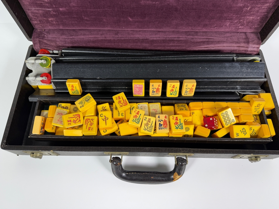 Just Added - Vintage Catalin Bakelite Mahjong Set In Faux Alligator Carrying Case With Trays Racks And Betting Tokens Full Set - Includes All Tiles [Photo 2]