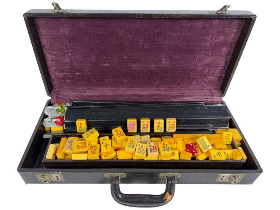 Just Added - Vintage Catalin Bakelite Mahjong Set In Faux Alligator Carrying Case With Trays Racks And Betting Tokens Full Set - Includes All Tiles