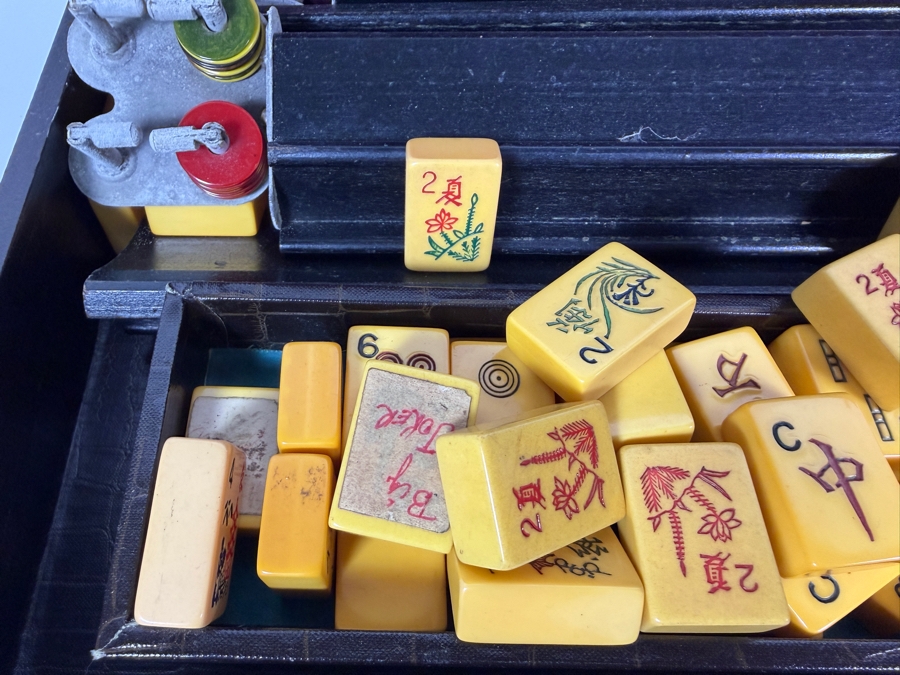 Just Added - Vintage Catalin Bakelite Mahjong Set In Faux Alligator Carrying Case With Trays Racks And Betting Tokens Full Set - Includes All Tiles [Photo 5]