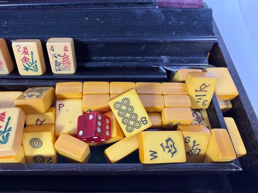 Just Added - Vintage Catalin Bakelite Mahjong Set In Faux Alligator Carrying Case With Trays Racks And Betting Tokens Full Set - Includes All Tiles [Photo 7]