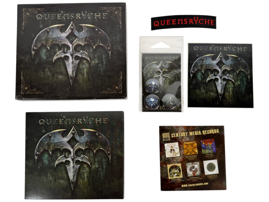 Queensrÿche 'Queensrÿche' (Self-Titled) 2013 Limited Edition Deluxe CD Box Set Featuring Digipak CD with 3 Exclusive Live Bonus Tracks, Embroidered Logo Patch, Logo Sticker, 3-Button Pack, And Guitar Pick