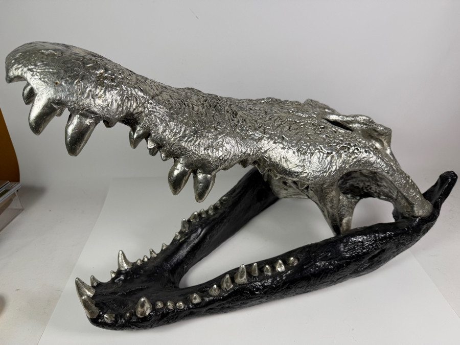 Very Large Phillips Collection Crocodile Skull Sculpture Resin Casting Art Housed In Custom Matte Black And Metallic Silver Leaf Textured Finish Retails $629 27'W X 15'D X 18'H [Photo 2]