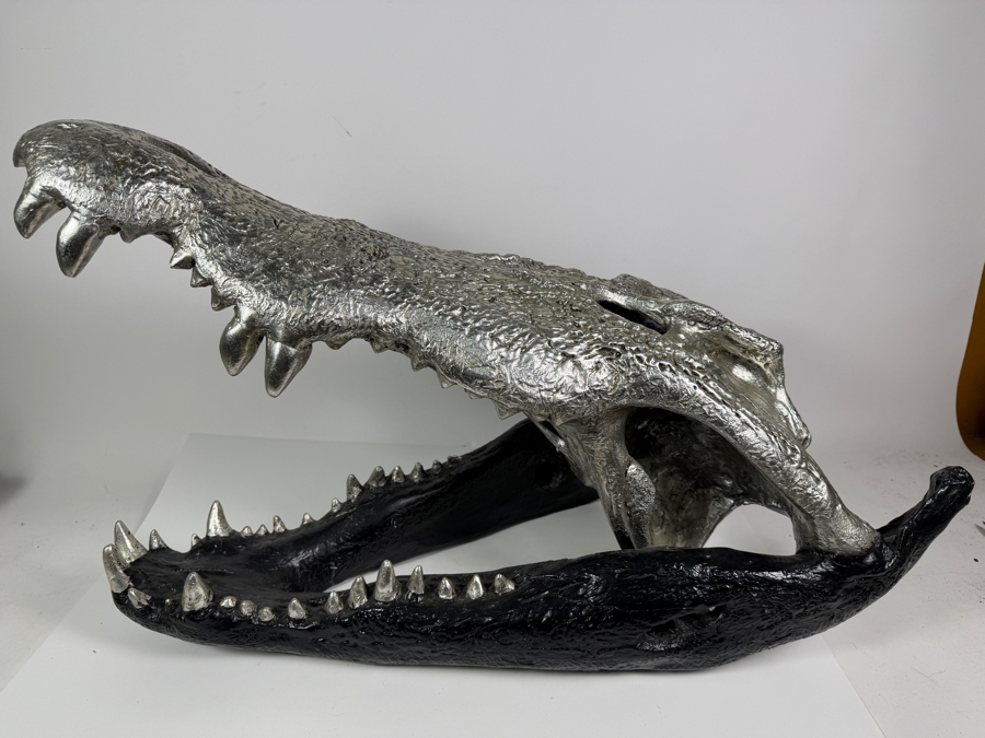 Very Large Phillips Collection Crocodile Skull Sculpture Resin Casting Art Housed In Custom Matte Black And Metallic Silver Leaf Textured Finish Retails $629 27'W X 15'D X 18'H [Photo 3]
