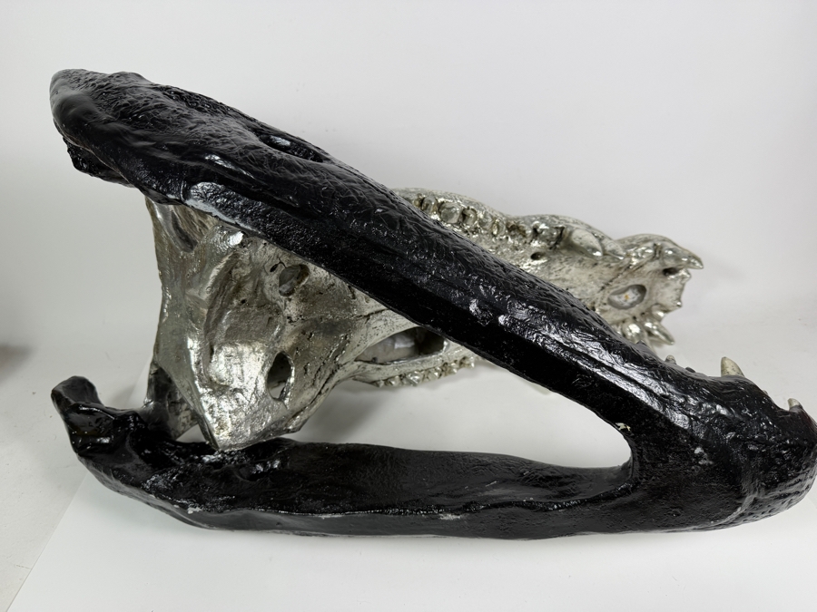 Very Large Phillips Collection Crocodile Skull Sculpture Resin Casting Art Housed In Custom Matte Black And Metallic Silver Leaf Textured Finish Retails $629 27'W X 15'D X 18'H [Photo 7]
