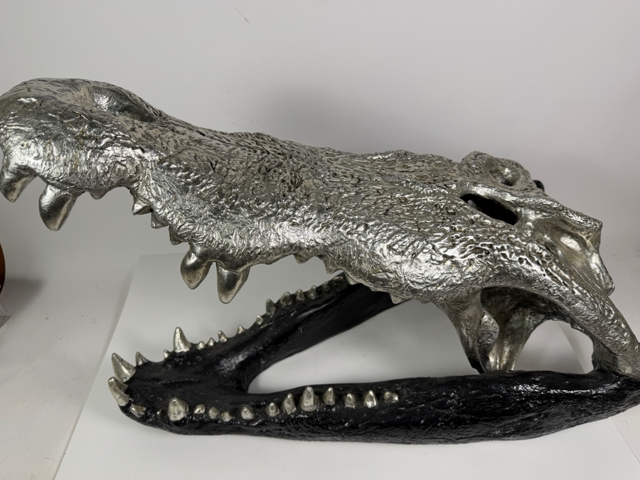 Very Large Phillips Collection Crocodile Skull Sculpture Resin Casting Art Housed In Custom Matte Black And Metallic Silver Leaf Textured Finish Retails $629 27'W X 15'D X 18'H [Photo 5]