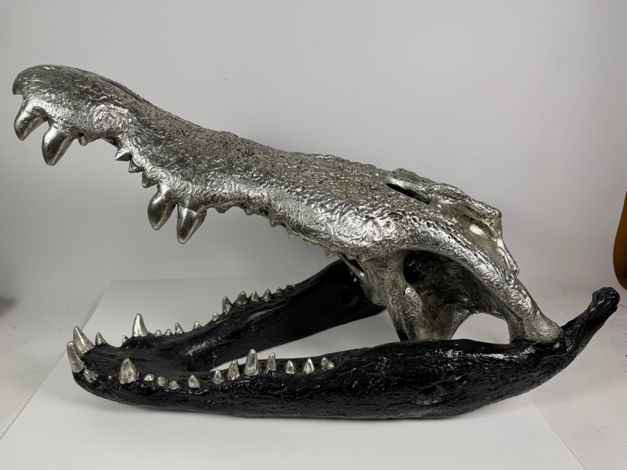 Very Large Phillips Collection Crocodile Skull Sculpture Resin Casting Art Housed In Custom Matte Black And Metallic Silver Leaf Textured Finish Retails $629 27'W X 15'D X 18'H [Photo 4]