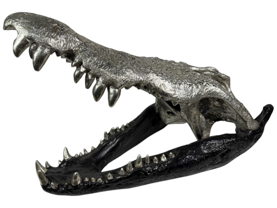 Very Large Phillips Collection Crocodile Skull Sculpture Resin Casting Art Housed In Custom Matte Black And Metallic Silver Leaf Textured Finish Retails $629 27'W X 15'D X 18'H