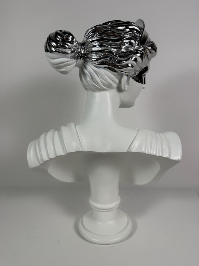 Modern Greek Goddess Artemis Diana Resin Bust Sculpture Featuring Sleek Mirror Polished Silver Chrome Blindfold Mask Accent 12'W X 20'H [Photo 4]