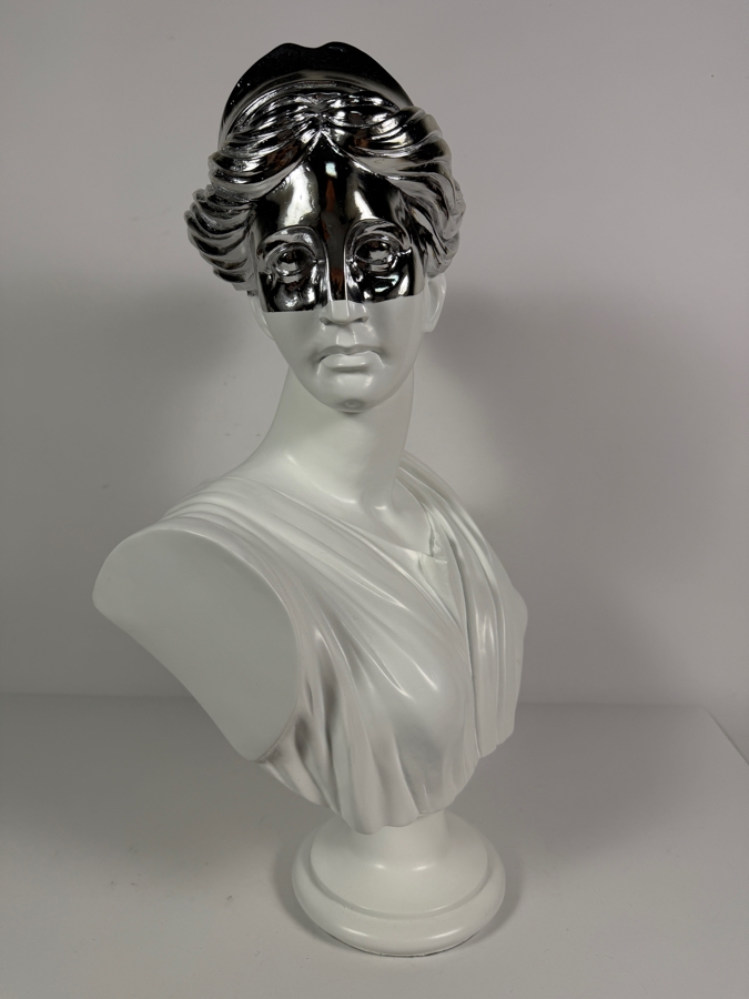 Modern Greek Goddess Artemis Diana Resin Bust Sculpture Featuring Sleek Mirror Polished Silver Chrome Blindfold Mask Accent 12'W X 20'H [Photo 2]
