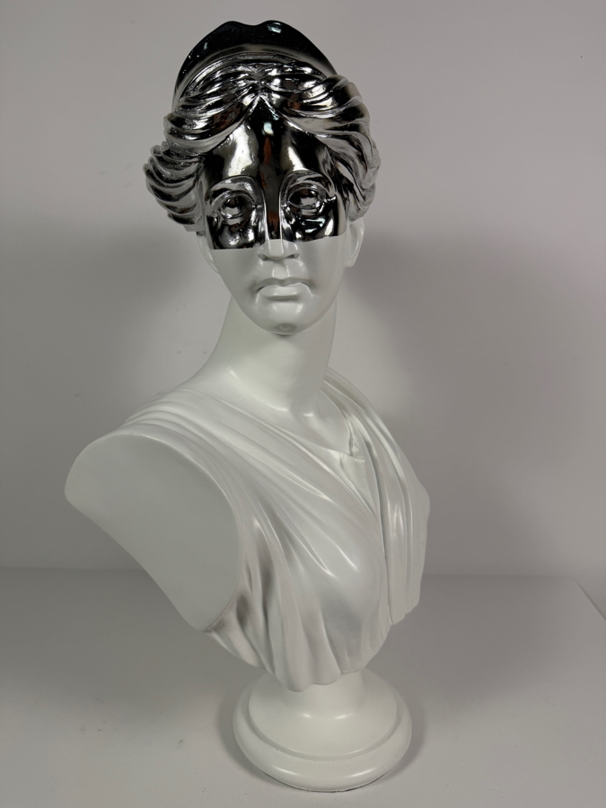 Modern Greek Goddess Artemis Diana Resin Bust Sculpture Featuring Sleek Mirror Polished Silver Chrome Blindfold Mask Accent 12'W X 20'H [Photo 3]