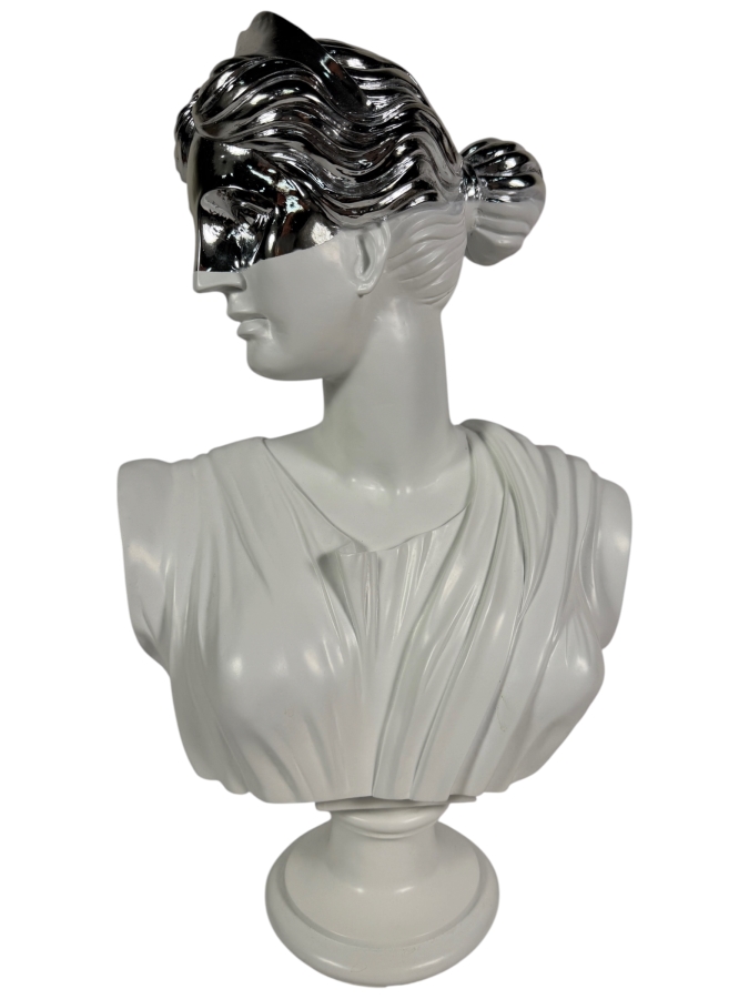 Modern Greek Goddess Artemis Diana Resin Bust Sculpture Featuring Sleek Mirror Polished Silver Chrome Blindfold Mask Accent 12'W X 20'H