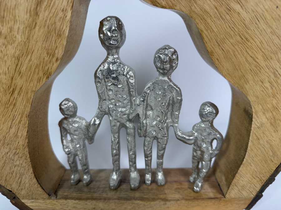 Abstract Aluminum Family of Four Inside an Organic Mango Wood Cutout Log Sculpture [Photo 3]