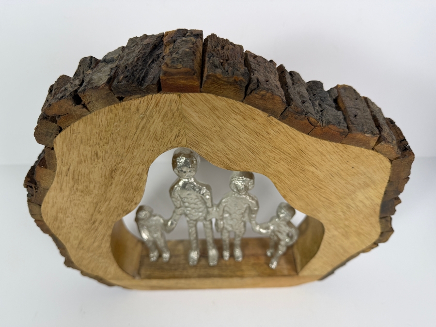 Abstract Aluminum Family of Four Inside an Organic Mango Wood Cutout Log Sculpture [Photo 2]