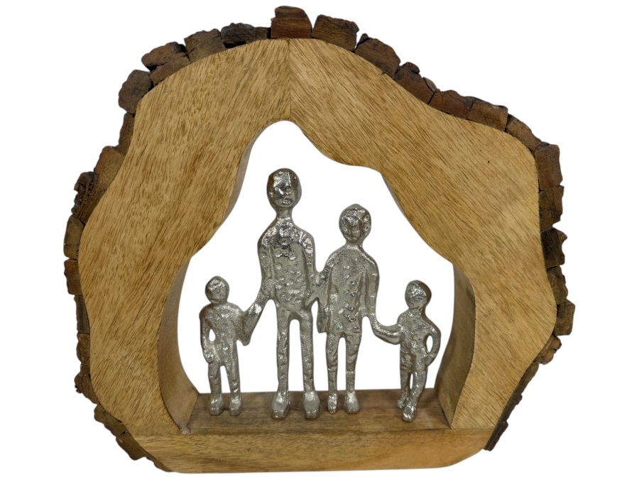 Abstract Aluminum Family of Four Inside an Organic Mango Wood Cutout Log Sculpture