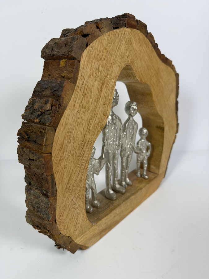 Abstract Aluminum Family of Four Inside an Organic Mango Wood Cutout Log Sculpture [Photo 4]