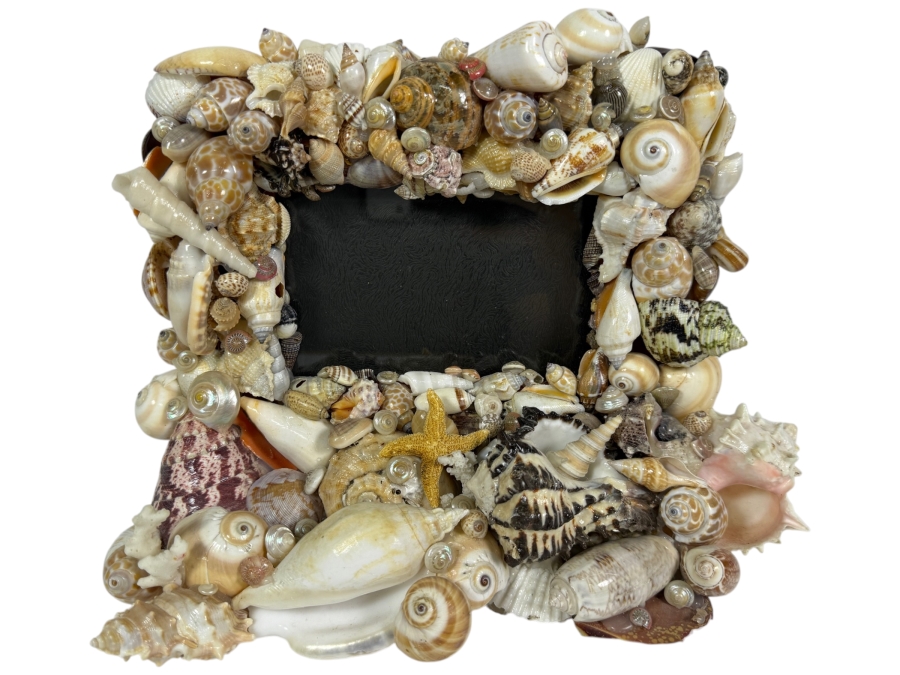 Vintage Artisan Handcrafted Seashell Encrusted Mosaic Tabletop Photo Frame 10'W X 8.5'H