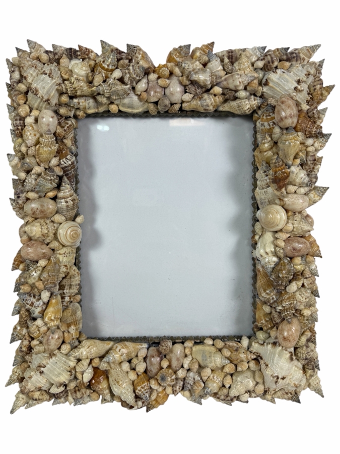 Vintage Handcrafted Rectangular Seashell Mosaic Picture Frame featuring Pointed Spindle Accents 12'W X 14'H
