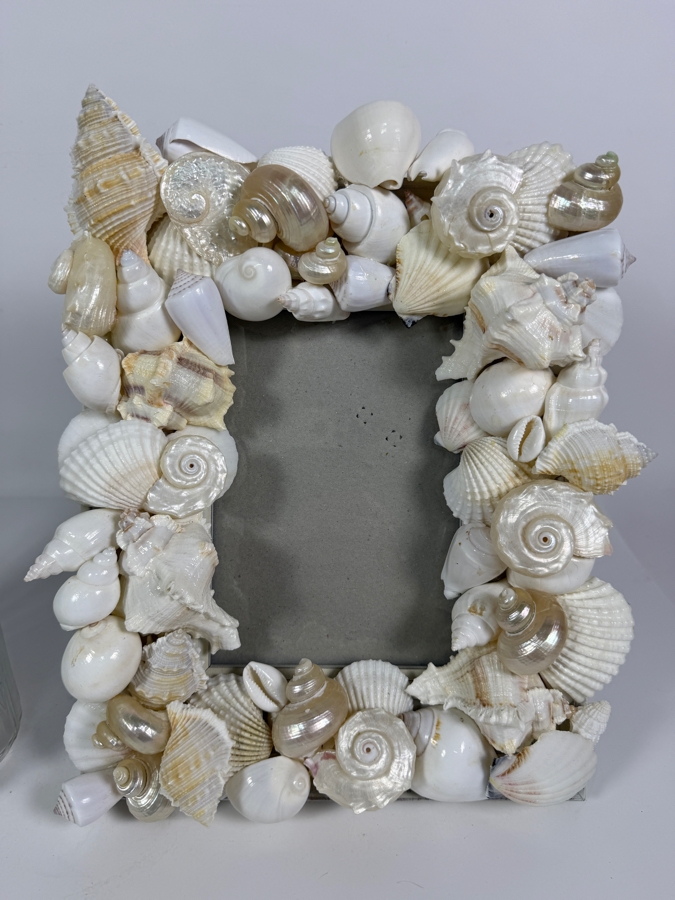 Handcrafted Coastal Elegance Mixed Shell Tabletop Set Featuring an Encrusted Decorative Glass Liquor Bottle and Coordinating White Shell Photo Frame 10'H and 12'H [Photo 4]