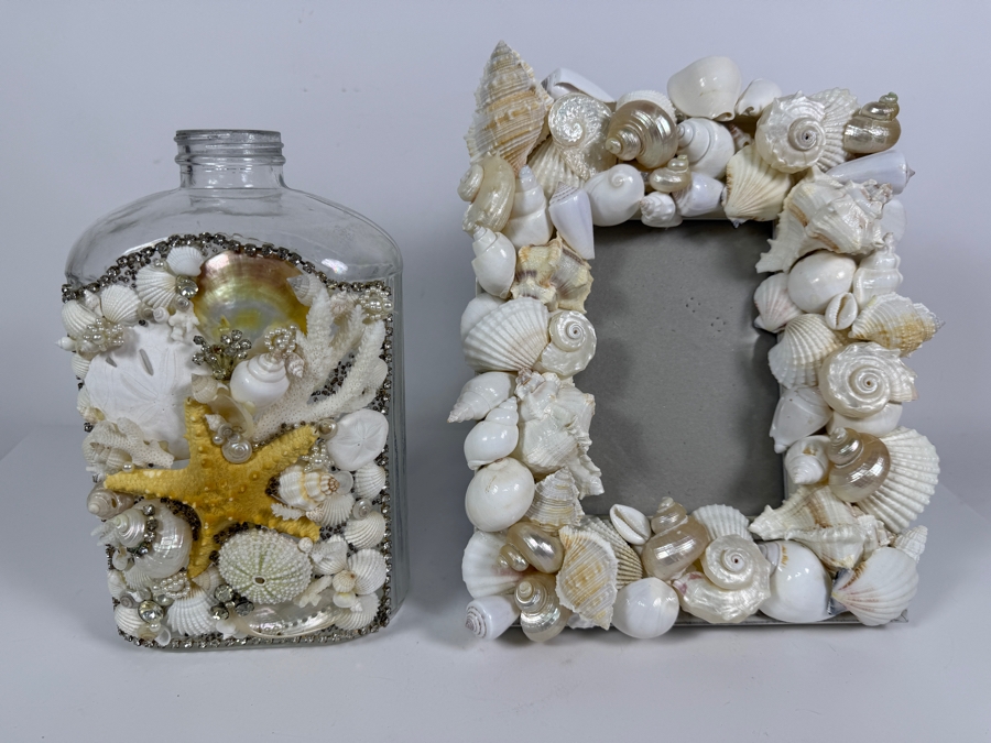 Handcrafted Coastal Elegance Mixed Shell Tabletop Set Featuring an Encrusted Decorative Glass Liquor Bottle and Coordinating White Shell Photo Frame 10'H and 12'H [Photo 2]