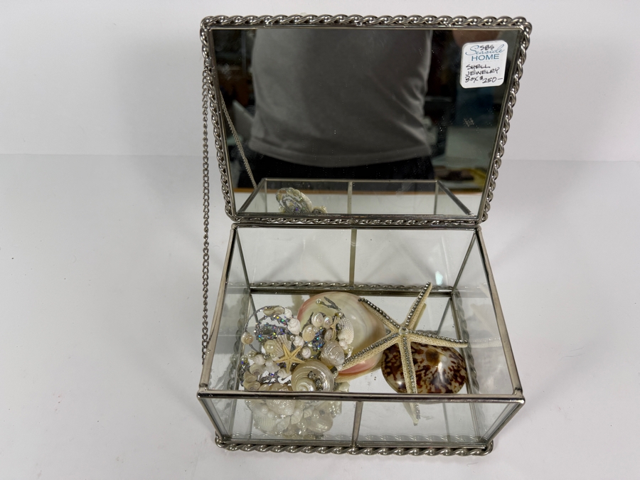 Vintage Artisan Beveled Glass and Brass Box Featuring a Sculpted Sea Shell and Crystal Treasure Assemblage 8'W X 5'D X 4'H Retail $250 [Photo 7]