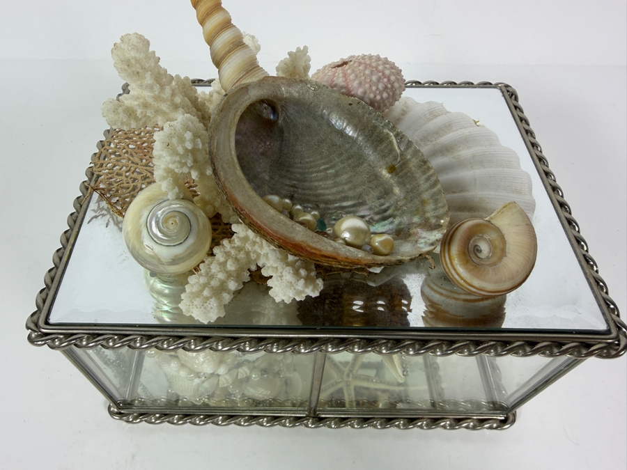 Vintage Artisan Beveled Glass and Brass Box Featuring a Sculpted Sea Shell and Crystal Treasure Assemblage 8'W X 5'D X 4'H Retail $250 [Photo 4]