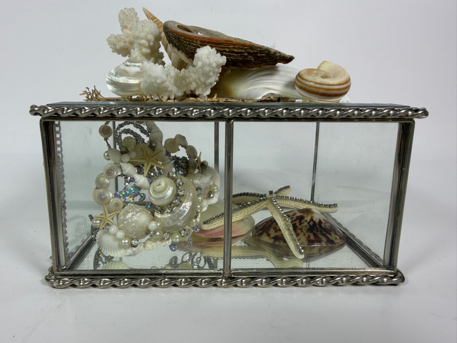Vintage Artisan Beveled Glass and Brass Box Featuring a Sculpted Sea Shell and Crystal Treasure Assemblage 8'W X 5'D X 4'H Retail $250 [Photo 5]