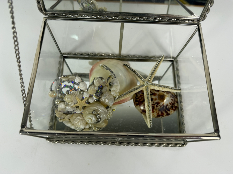 Vintage Artisan Beveled Glass and Brass Box Featuring a Sculpted Sea Shell and Crystal Treasure Assemblage 8'W X 5'D X 4'H Retail $250 [Photo 9]
