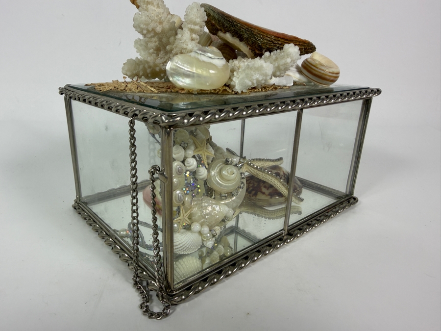 Vintage Artisan Beveled Glass and Brass Box Featuring a Sculpted Sea Shell and Crystal Treasure Assemblage 8'W X 5'D X 4'H Retail $250 [Photo 6]