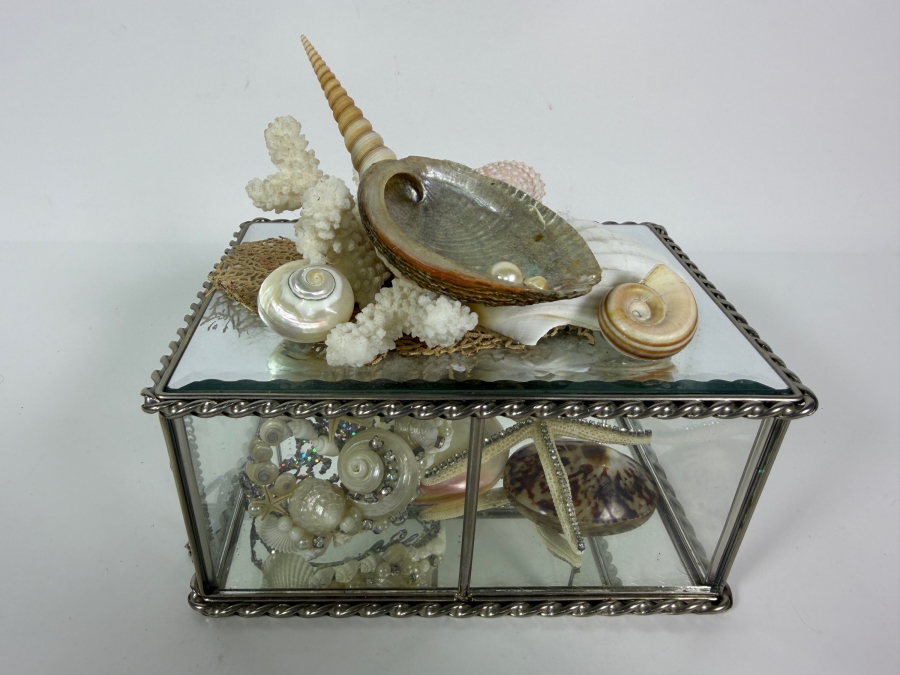 Vintage Artisan Beveled Glass and Brass Box Featuring a Sculpted Sea Shell and Crystal Treasure Assemblage 8'W X 5'D X 4'H Retail $250 [Photo 2]